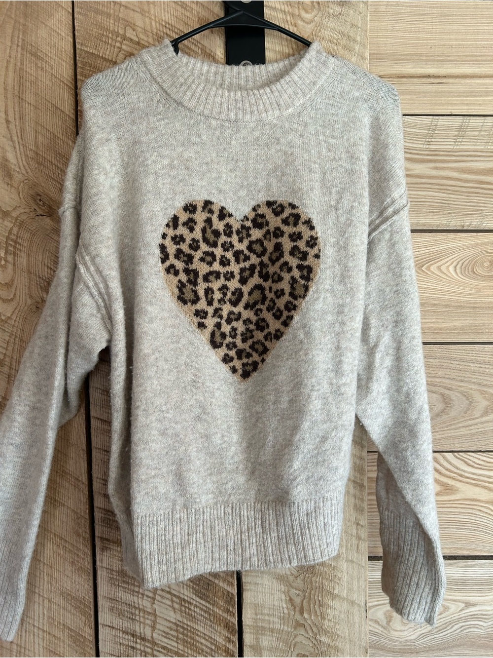 American Eagle Outfitters Beige Crewneck Sweater with Leopard Heart